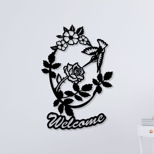 Welcome With Flower Metal Wall Art1